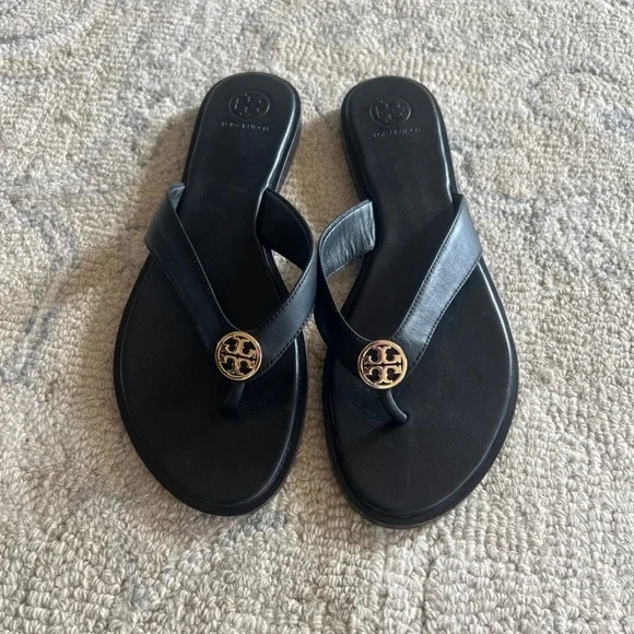 Tory Burch Black Leather Sandals with Gold Medallion - Picture 1 of 7
